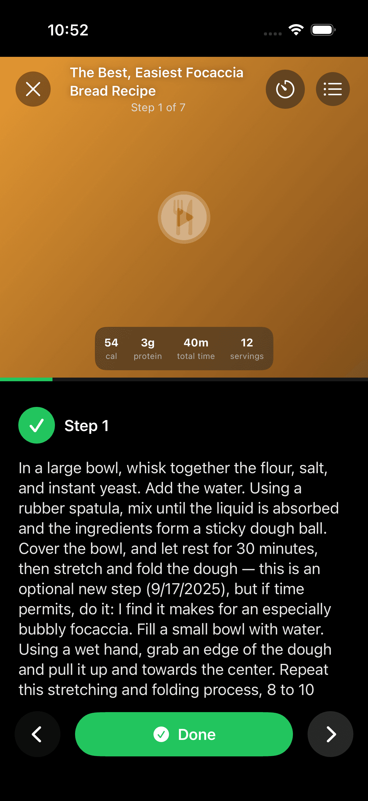 Cooking Mode — focaccia bread, step 1 of 7