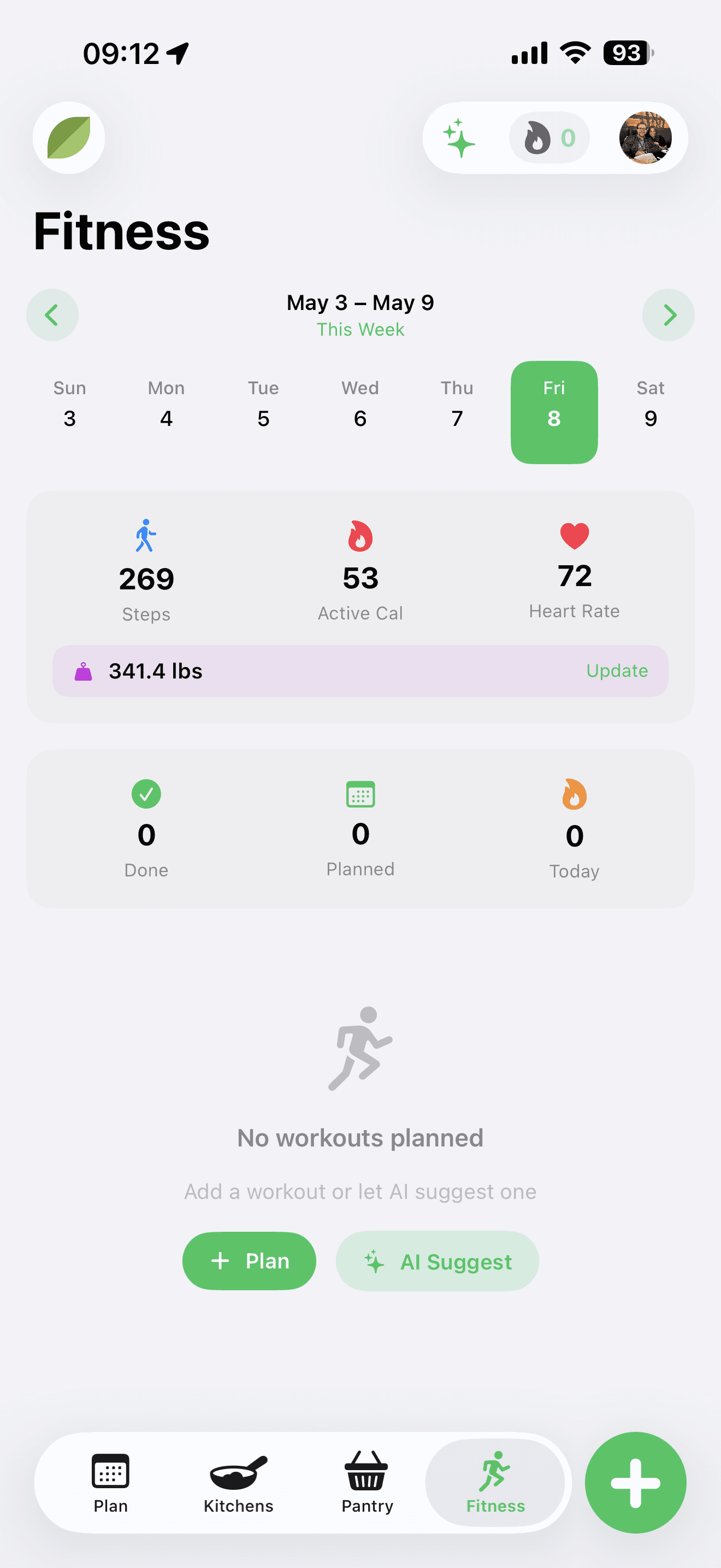Fitness tab — weekly view with steps, active calories, heart rate, and AI Suggest workout planner