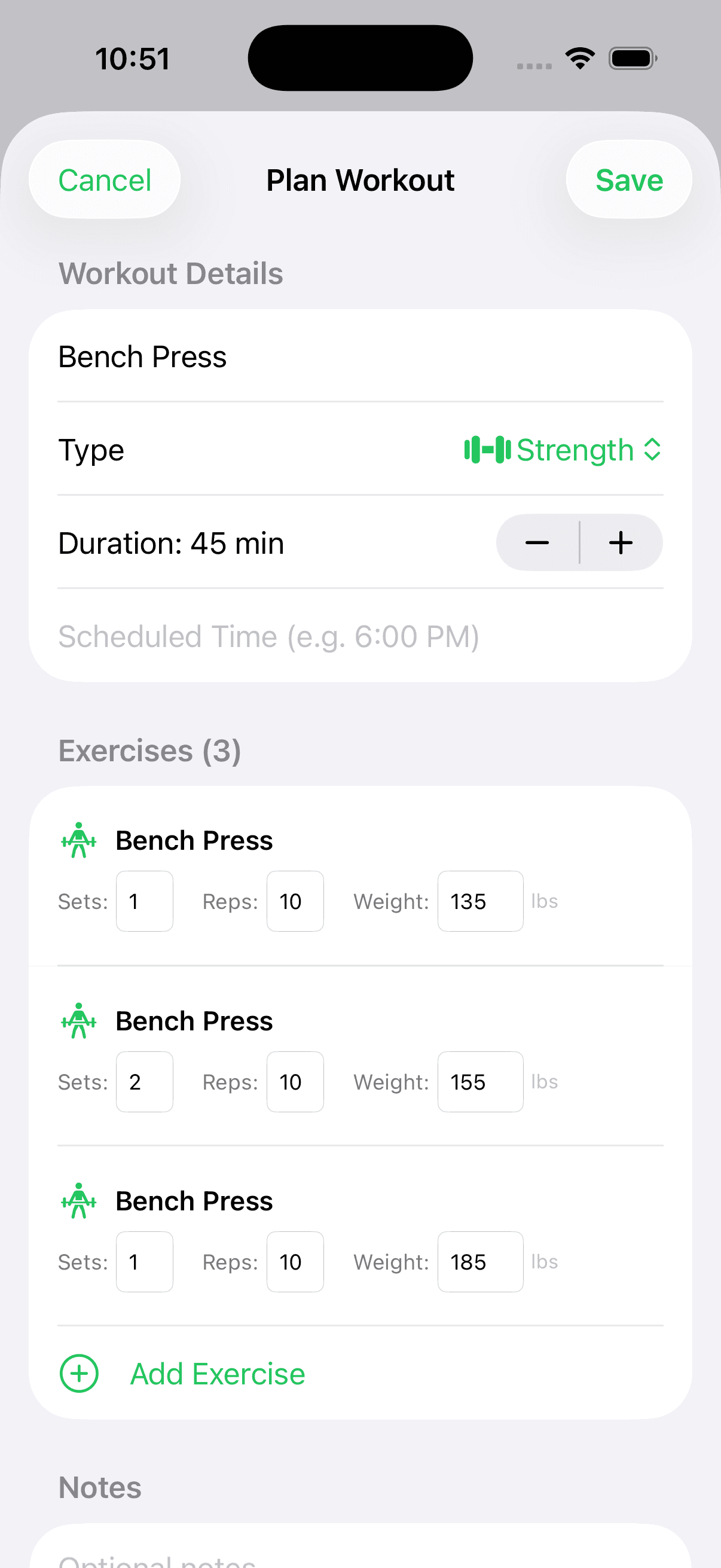 Plan Workout — Bench Press, sets and reps