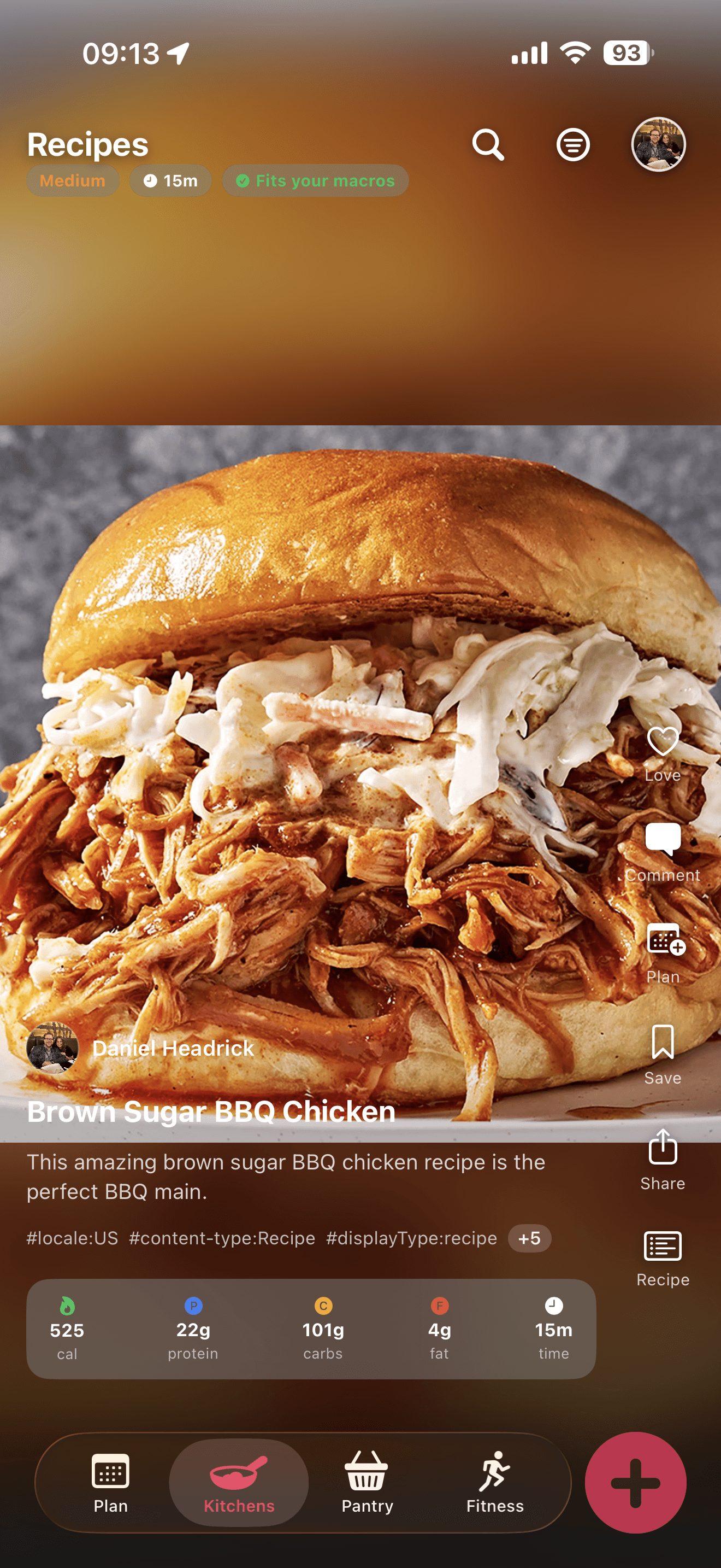 A Kitchens recipe — Brown Sugar BBQ Chicken — with photo, macros (525 cal, 22 P, 101 C, 4 F), and creator byline